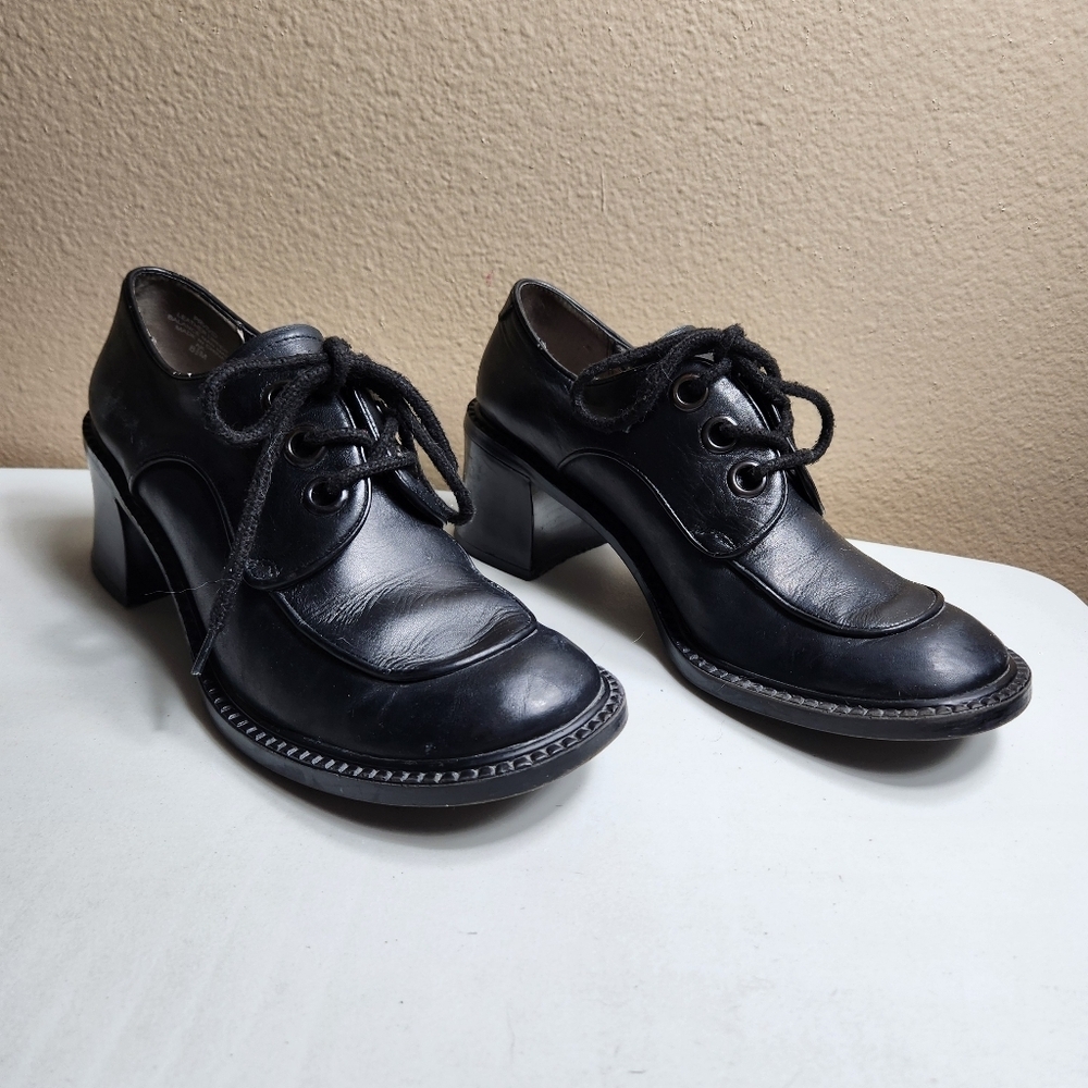 Esprit Womens |8.5| VTG Y2K Black Leather Chunky Block Heel Oxford Lace Up Shoes - Picture 2 of 10